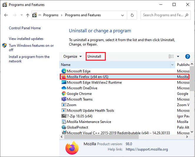 ตอนนี้ คลิกที่ Mozilla Firefox ตามที่แสดง และเลือกตัวเลือกถอนการติดตั้ง  วิธีแก้ไขรหัสข้อผิดพลาด Netflix UI3012