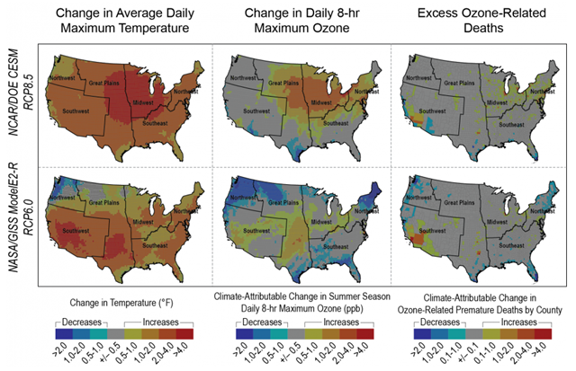 Projected Change in Temperature, Ozone, and Ozone-Related Premature Deaths in the U.S. in 2030. Graphic: EPA / globalchange.gov