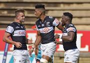 ell C Sharks celebrating during the Currie Cup match between Tafel Lager Griquas and Cell C Sharks at Tafel Lager Park on October 13, 2018 in Kimberley, South Africa. 