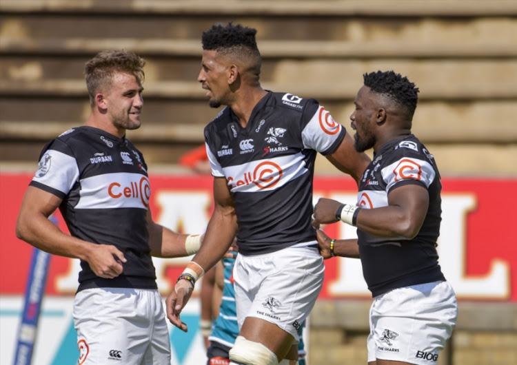 ell C Sharks celebrating during the Currie Cup match between Tafel Lager Griquas and Cell C Sharks at Tafel Lager Park on October 13, 2018 in Kimberley, South Africa.