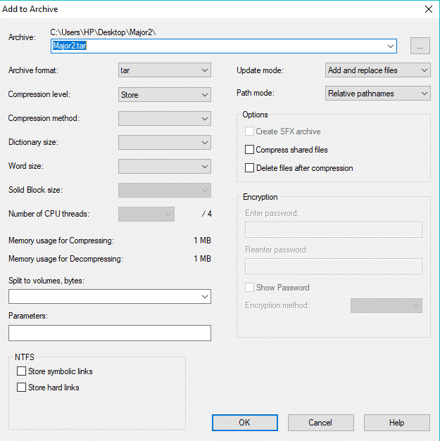 アーカイブに追加ダイアログボックスが開きます|  Windows 10でTARファイル（.tar.gz）を開く方法