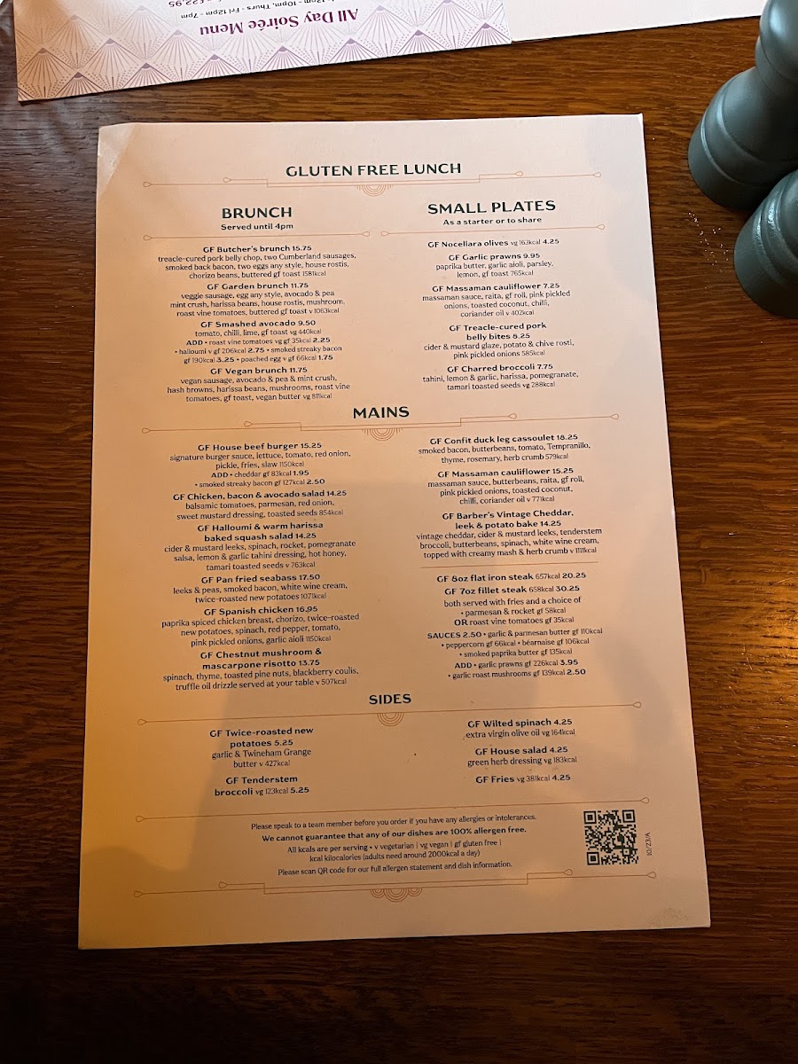 Cosy Club gluten-free menu