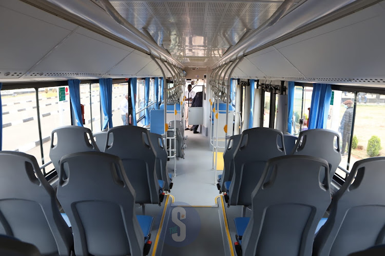 Interior of the electric mass transit bus during its launch by Roam company at Green Park Terminus, Nairobi on October 19, 2022.