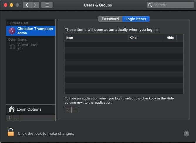 Elementos de inicio de sesión en Configuración de usuarios y grupos