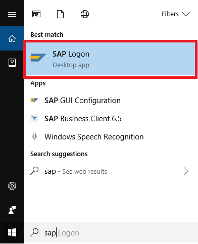 Cerca SAP Logon nel menu Start e quindi fai clic su di esso