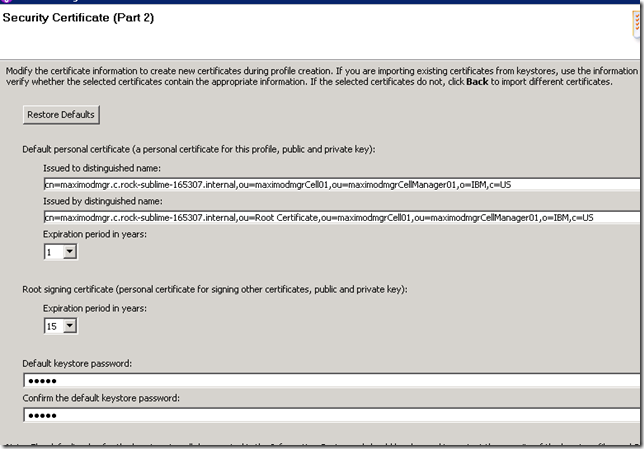 websphere security certificate accept default