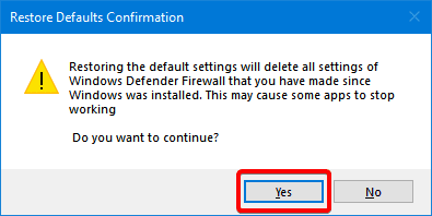 Confirmez que vous souhaitez supprimer tous les paramètres du pare-feu Windows Defender