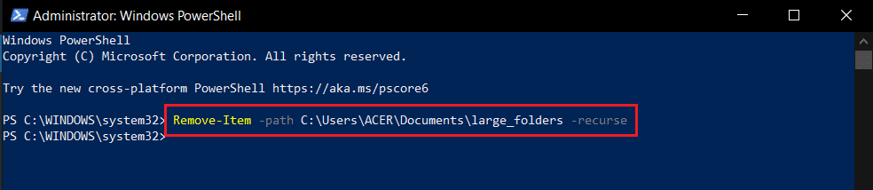 typ de opdracht om het bestand of de map in Windows PowerShell te verwijderen.  Mappen en submappen verwijderen in PowerShell