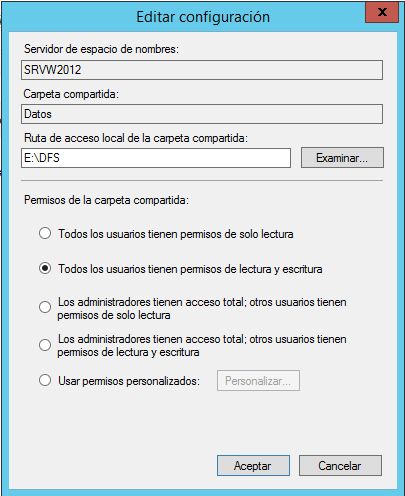 Crear espacio de nombres en DFS de Windows Server 2012 R2