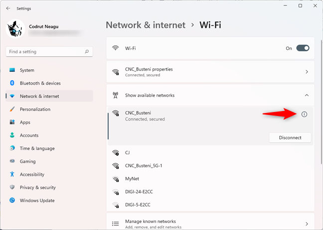 Apertura de las propiedades de Wi-Fi desde la aplicación Configuración