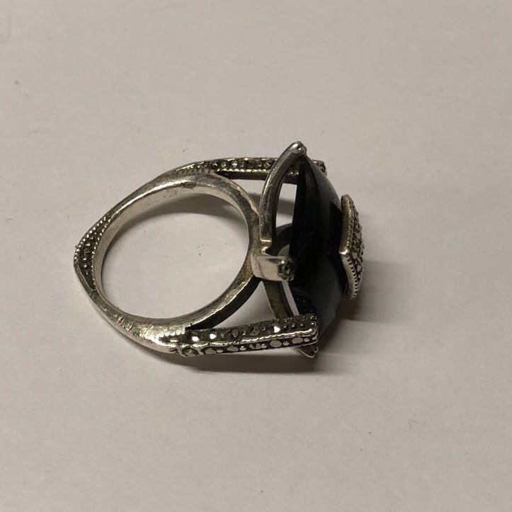 Sterling Silver, Onyx, and Marcasite Ring