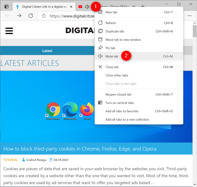 Disattiva l'audio di una scheda dal suo menu contestuale