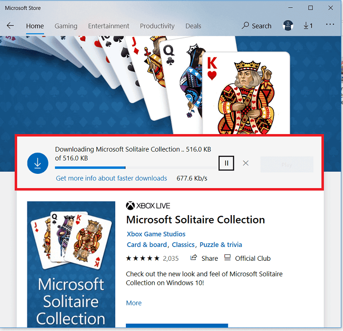 MicrosoftSolitareCollectionゲームがPClaptopへのダウンロードを開始します。