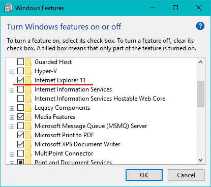 목록에서 Internet Explorer 옆의 확인란을 선택합니다.