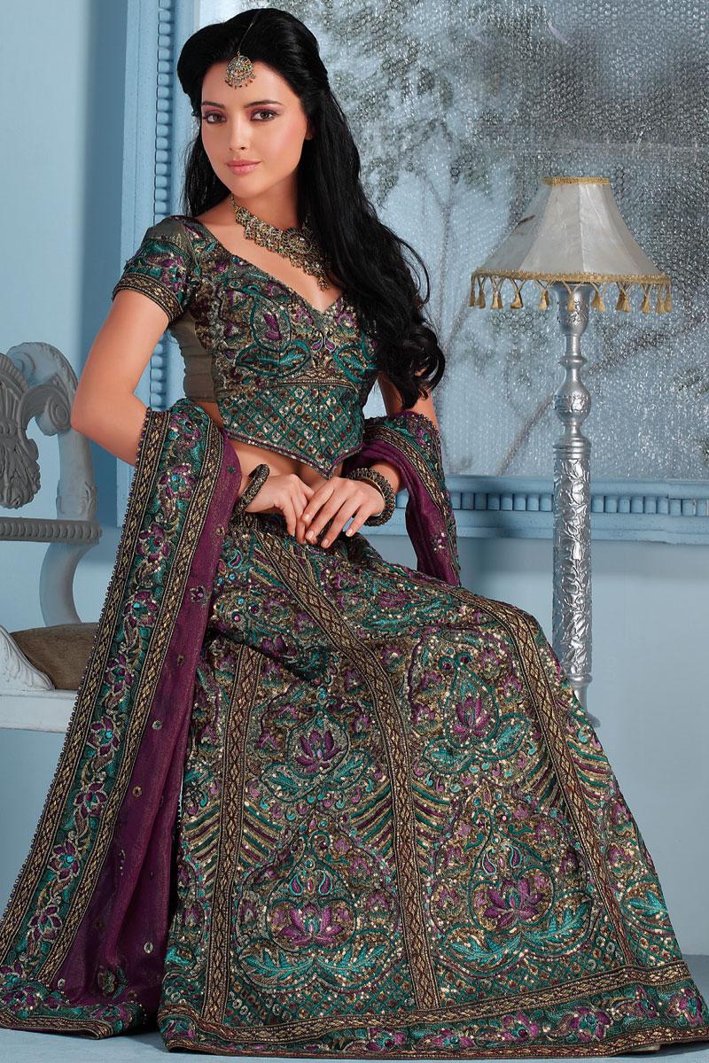 Gray and Purple Embroidered Shimmer Georgette Lehenga Choli   213.00