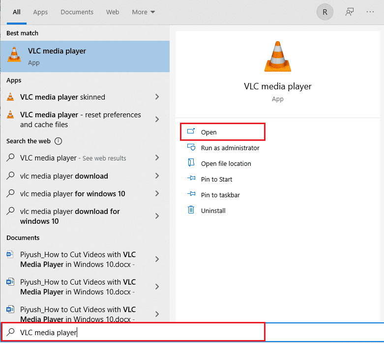 Tapez VLC media player et cliquez sur Ouvrir dans le volet de droite.  Comment couper une vidéo dans Windows 10 à l'aide de VLC Media Player