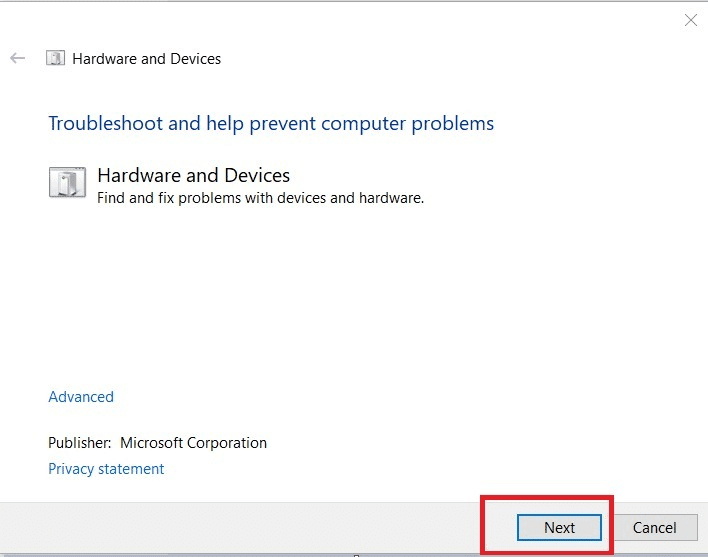 en el solucionador de problemas de hardware y dispositivos, haga clic en siguiente