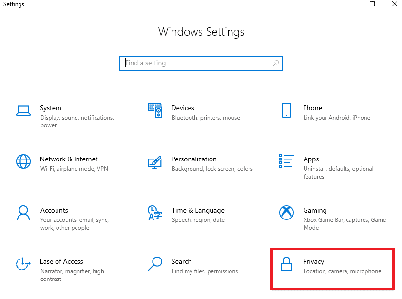 Ora, fai clic su Privacy.  Risolto il problema con la fotocamera di Microsoft Teams che non funzionava