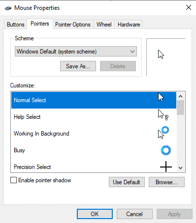 Accédez à l'onglet Pointeurs dans la fenêtre Propriétés de la souris.  Correction du défilement du pavé tactile ne fonctionnant pas sous Windows 10