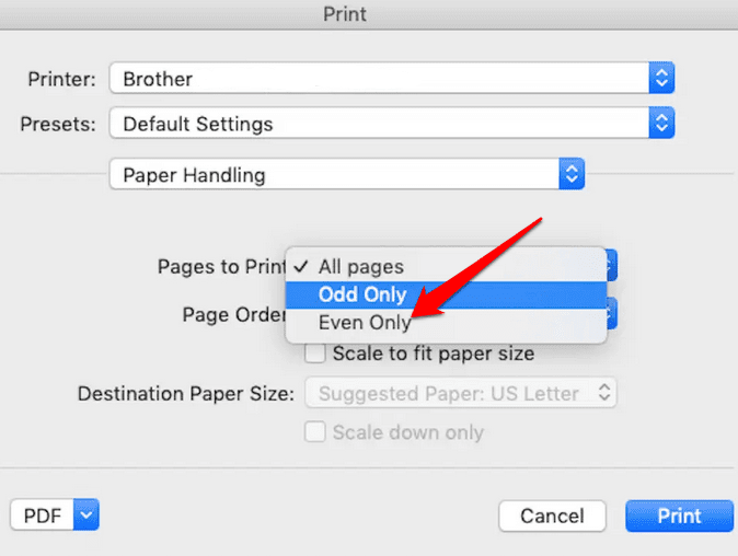 แม้แต่เมนูแบบเลื่อนลงใน Pages to Print