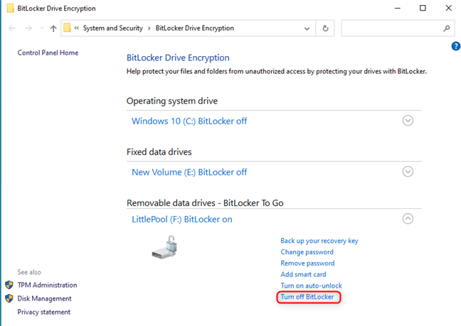 Fare clic o toccare Disattiva BitLocker