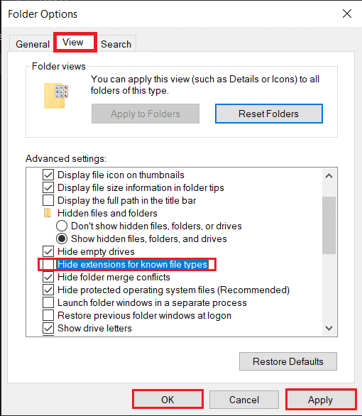 hide-extensions-voor bekende bestandstypen.  folder opties