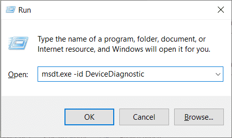 escriba el comando para abrir el solucionador de problemas de hardware y dispositivos en el cuadro de diálogo Ejecutar.  Cómo reparar la cámara de la computadora portátil no detectada en Windows 10