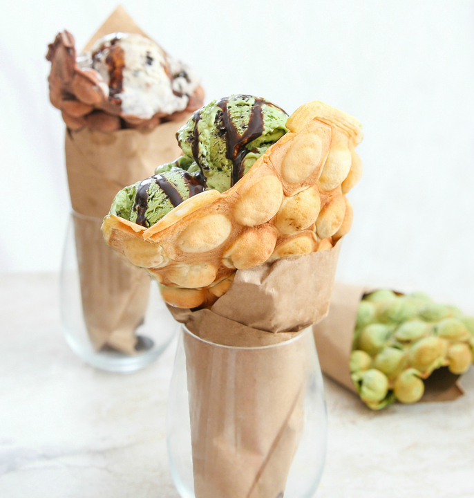 photo of a Egg Waffle Ice Cream Cone with matcha ice cream