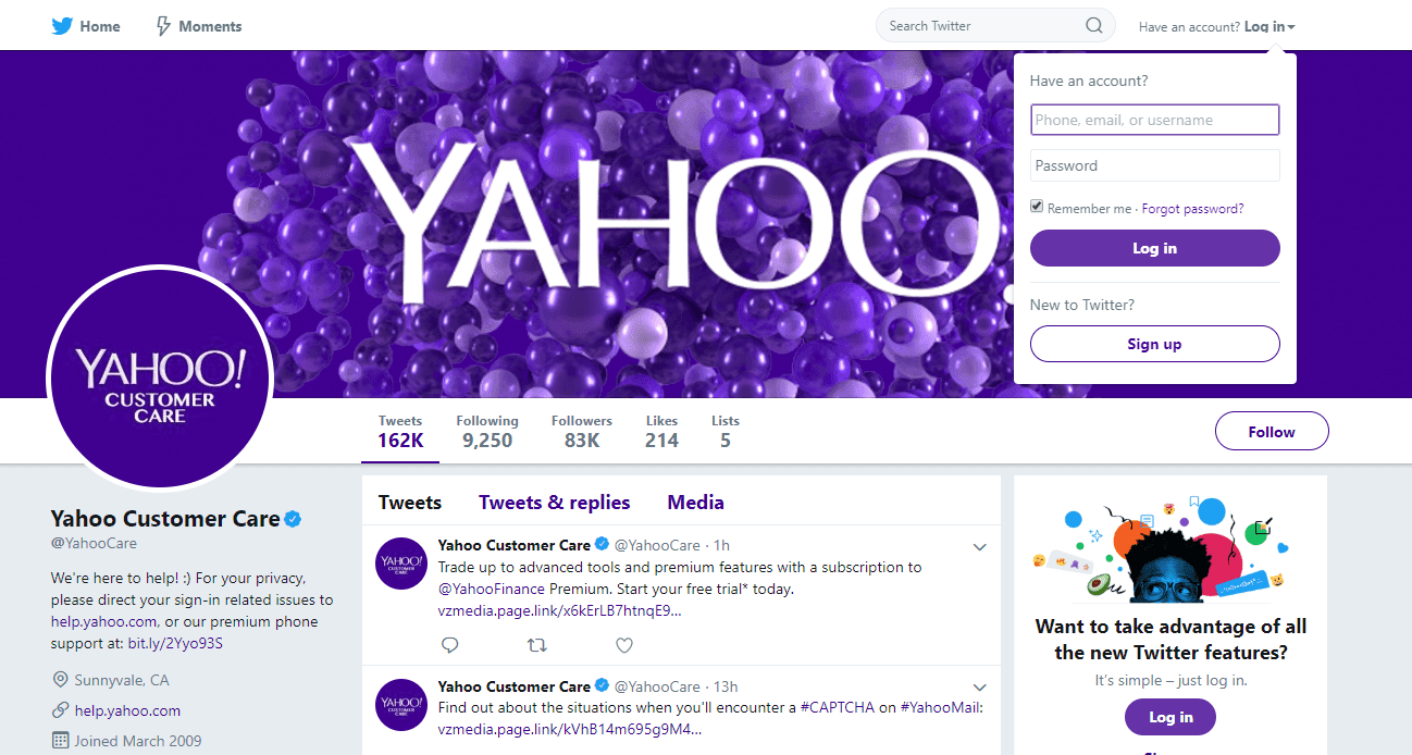 Свяжитесь с Yahoo через Twitter для получения информации о поддержке