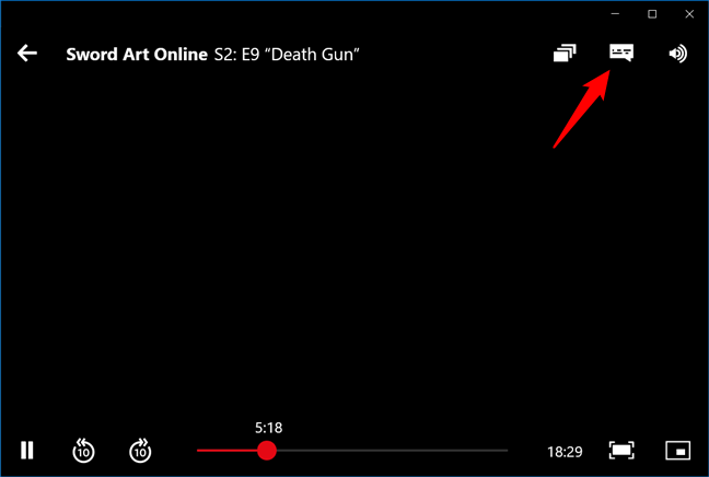 Il pulsante che apre le opzioni della lingua Netflix di un film o programma nell'app per Windows 10