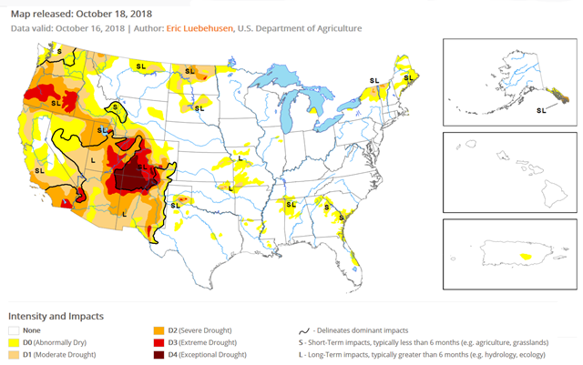 U.S. Drought Monitor map for 18 October 2018. Graphic: Eric Luebehusen / U.S. Department of Agriculture