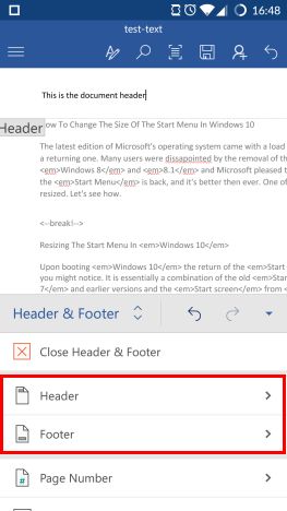 Android, Microsoft Word, inserto, piè di pagina, intestazioni, numeri di pagina, documenti