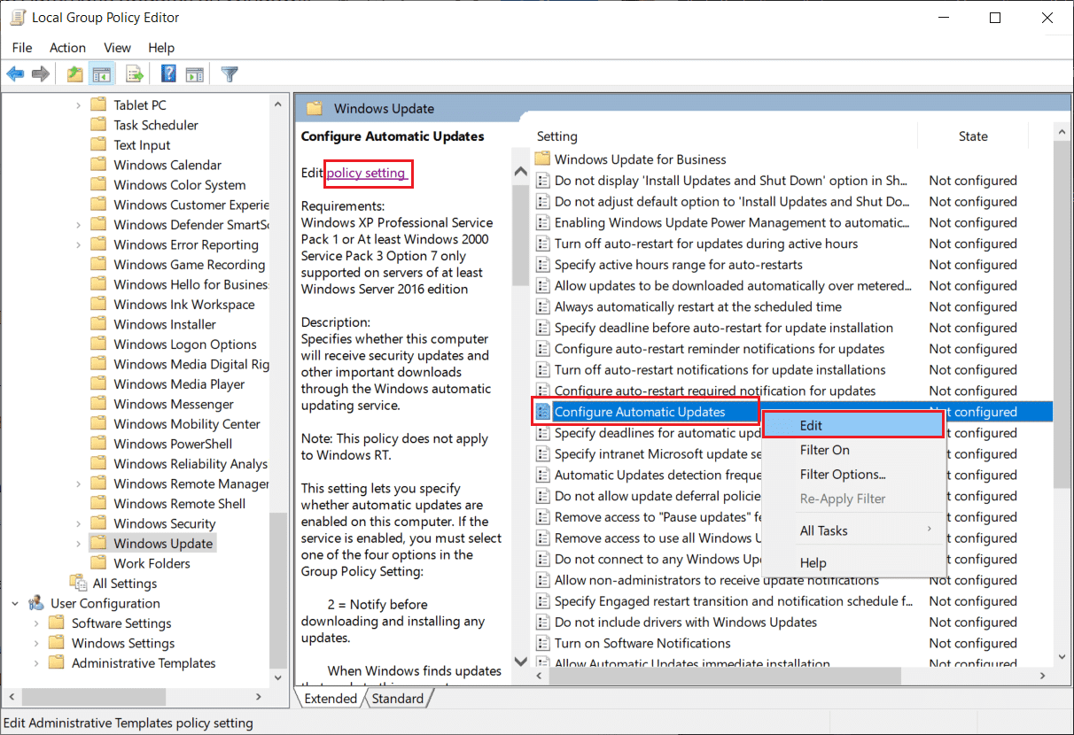 seleccione Configurar la política de actualizaciones automáticas y haga clic en la configuración de la política |  Detener las actualizaciones automáticas en Windows 10