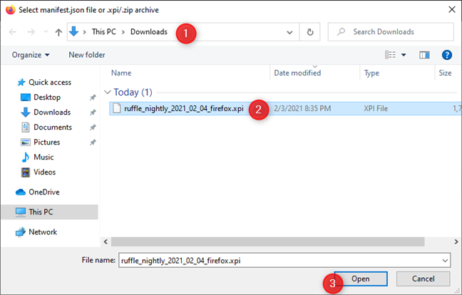 กำลังโหลดส่วนขยาย Ruffle Flash ใน Firefox