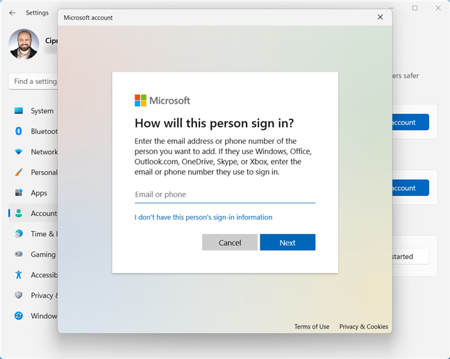 Inserisci l'e-mail per l'account Microsoft che desideri aggiungere