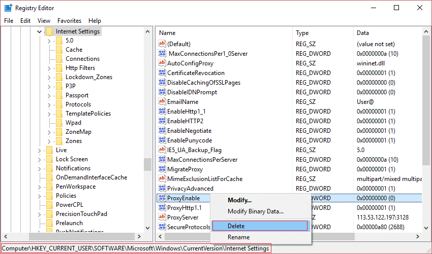 ProxyEnable-sleutel verwijderen