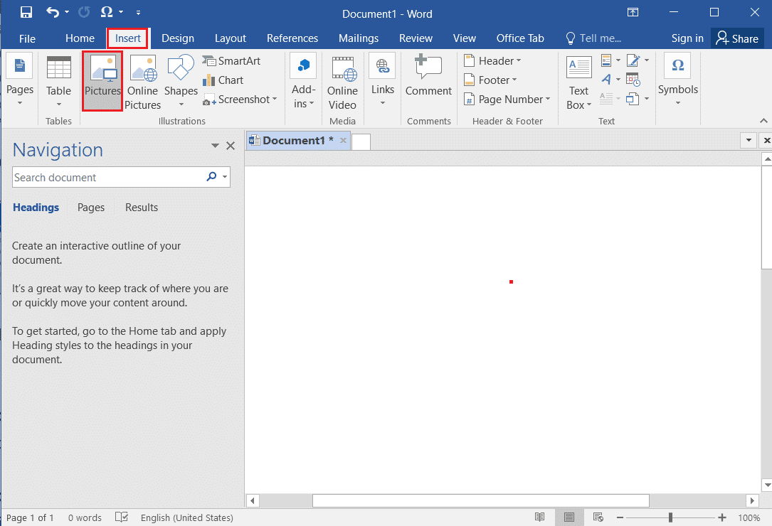 nhấp vào tab chèn và chọn tùy chọn Ảnh trong MS Word