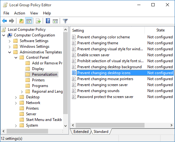 Дважды щелкните политику «Запретить изменение значков на рабочем столе».