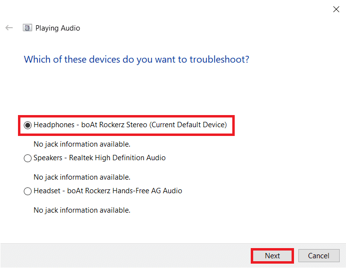 Seleccione aquel en el que ha estado encontrando el error del renderizador de audio y haga clic en Siguiente