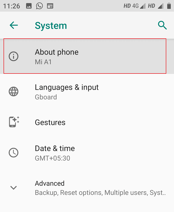 Sous Système, vous devez à nouveau cliquer sur À propos du téléphone