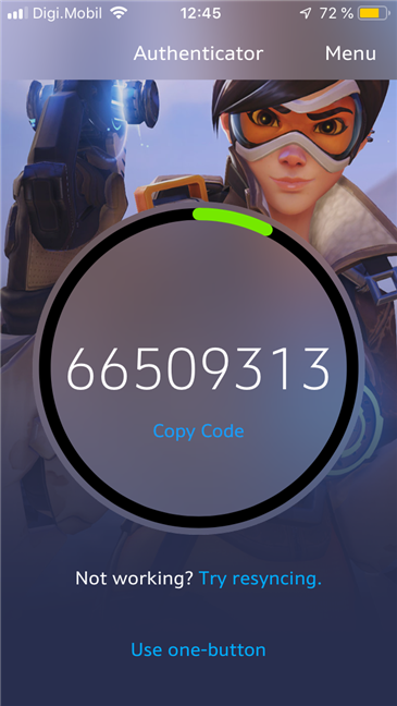 Visualizzazione dei codici di sicurezza nell'app Blizzard Authenticator