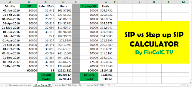 Step up SIP excel calculator screenshot by FinCalC