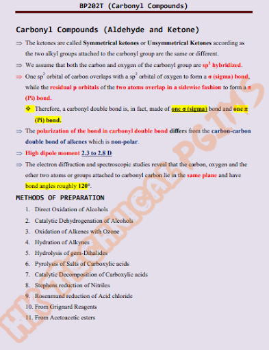 Carbonyl Compounds Pharmaceutical Organic Chemistry-I Colored Important Notes 2nd Semester B.Pharmacy Lecture Notes,BP202T Pharmaceutical Organic Chemistry I,BPharmacy,Handwritten Notes,Important Exam Notes,BPharm 2nd Semester,