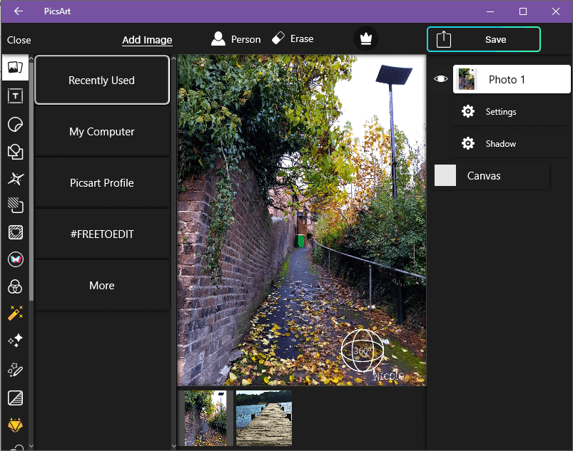 PicsArt Photo Studioの左側には、テキスト、ステッカー、図形、マスク、効果などのツールが表示されます。