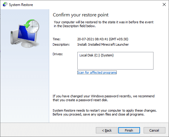 最後に、[完了]ボタンをクリックして復元ポイントを確認します。 Windows10のstdole32.tlbエラーを修正