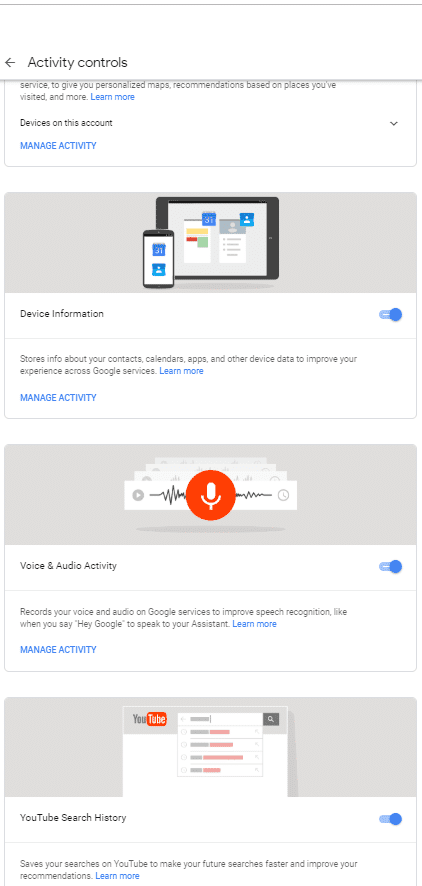 Del mismo modo, puede desactivar el historial de ubicaciones, la información del dispositivo, etc.