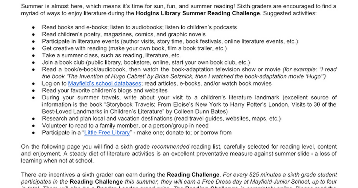 6th Grade Summer Reading 2019