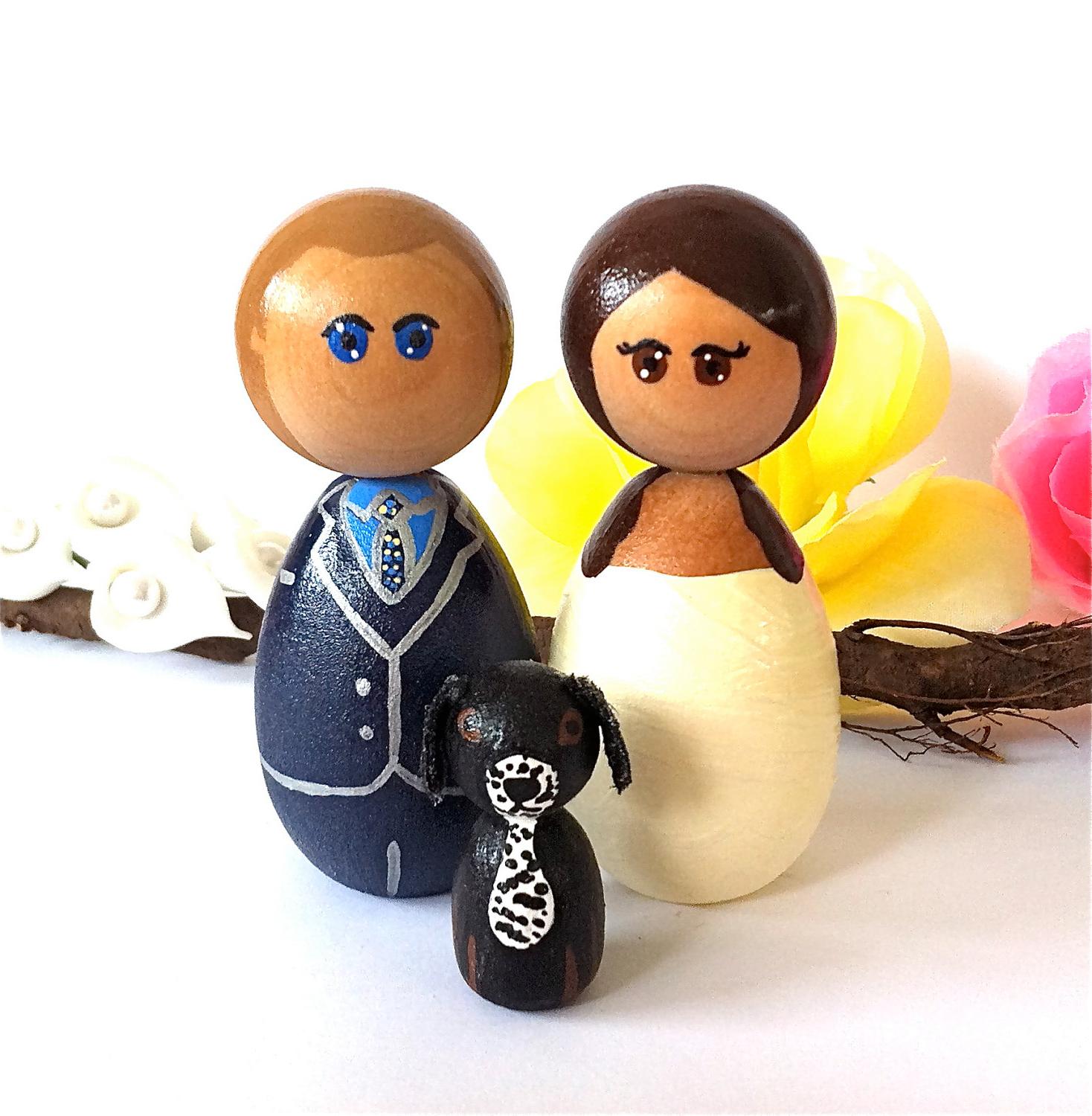 Kokeshi Wedding Cake Toppers with 1 Pet Custom Family of 3 Bride Groom Dog