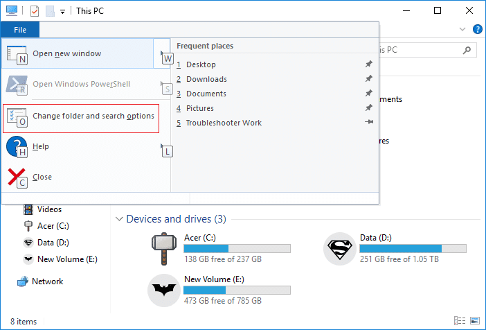 Mapopties openen in Windows 10 met behulp van de sneltoets