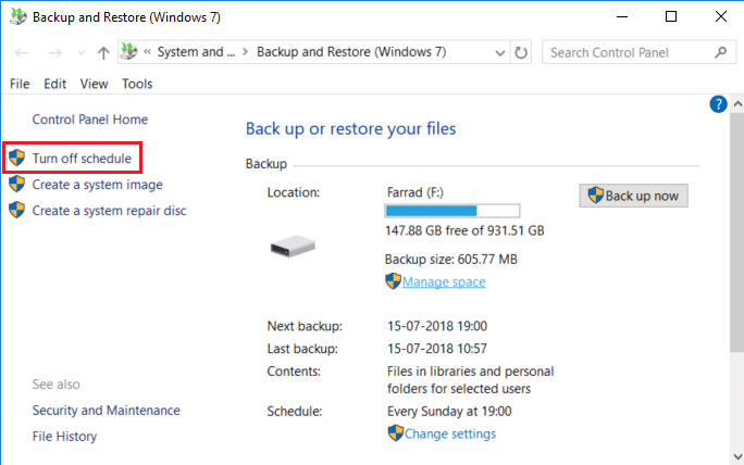 หากคุณต้องการปิดการสำรองข้อมูลระบบ ให้คลิกที่ Turn off schedule on Backup and Restore window